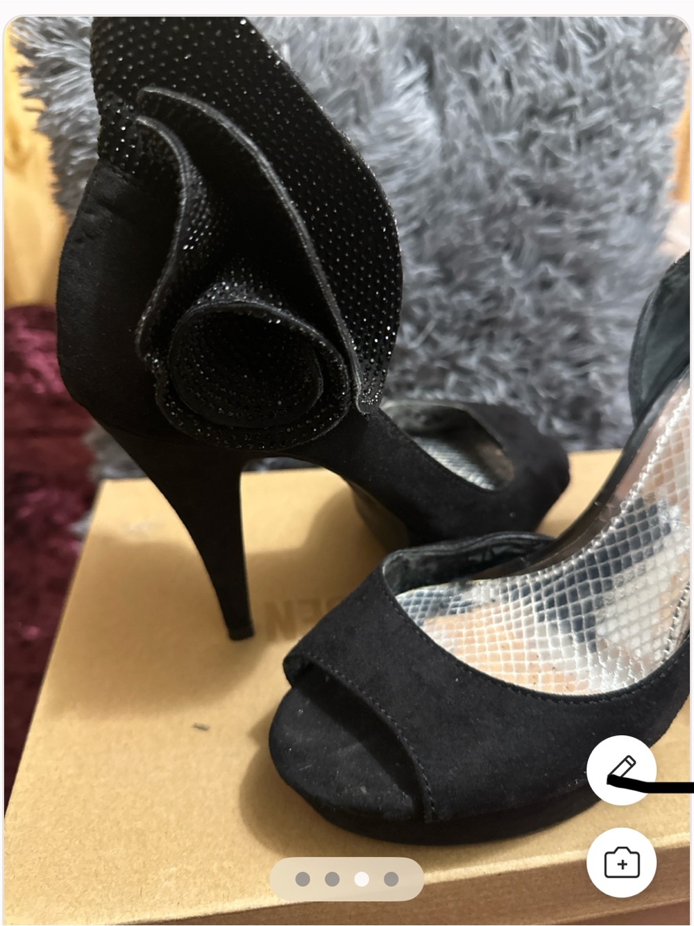Giorgio Brutini Black Suede Peep-Toe Stiletto Heels with Floral Back Accent